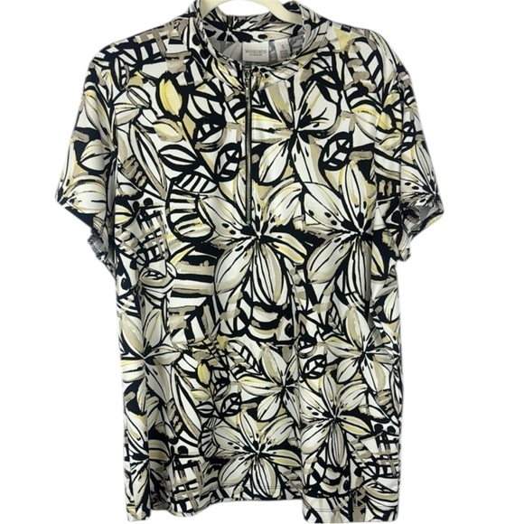 WEEKENDS BY CHICO'S 1/4 Zip White Black Gold Floral Stretch Athletic Top Size 3 - Picture 1 of 9